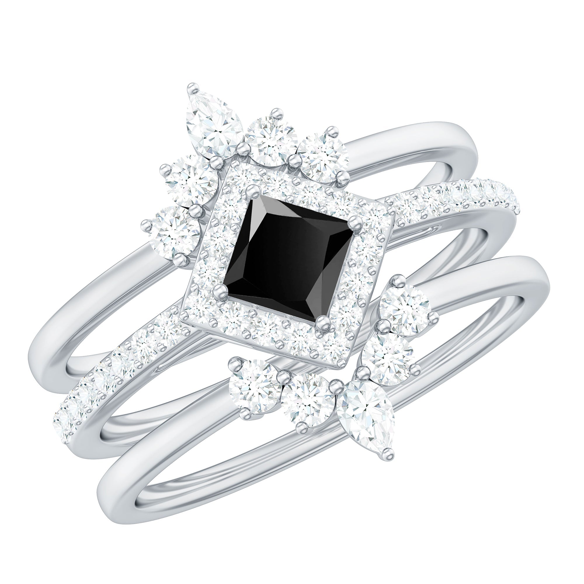 Certified 5mm Princess Cut Black Onyx Wedding Rings Set with Moissanite Band