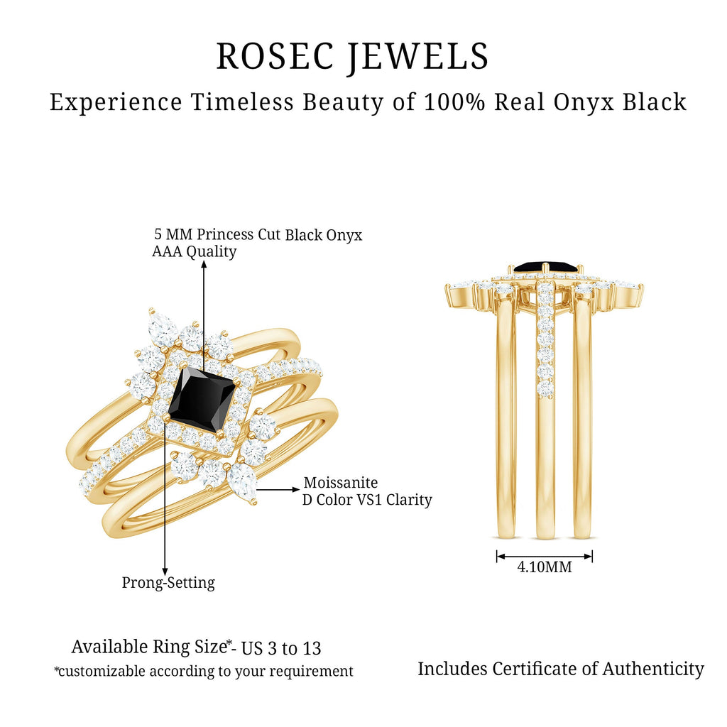 Certified 5mm Princess Cut Black Onyx Wedding Rings Set with Moissanite Band