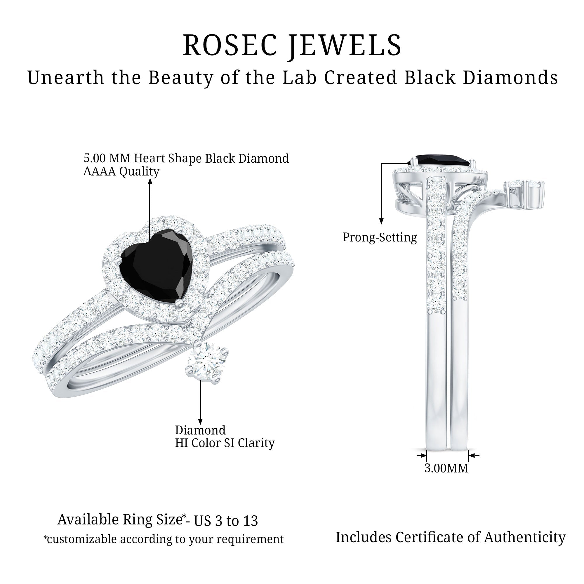 Created Black Diamond Heart Engagement Ring Set with Diamond