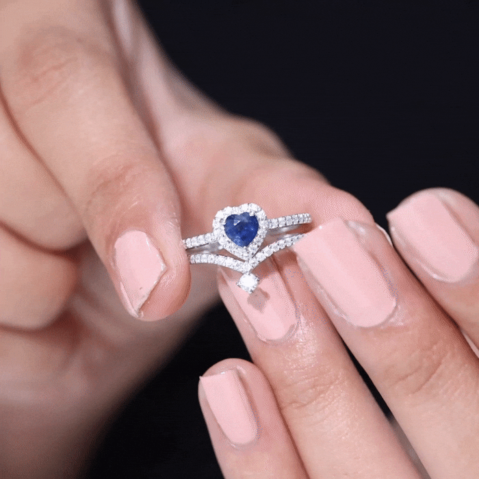 Heart Shape Blue Sapphire Ring Set with Moissanite
