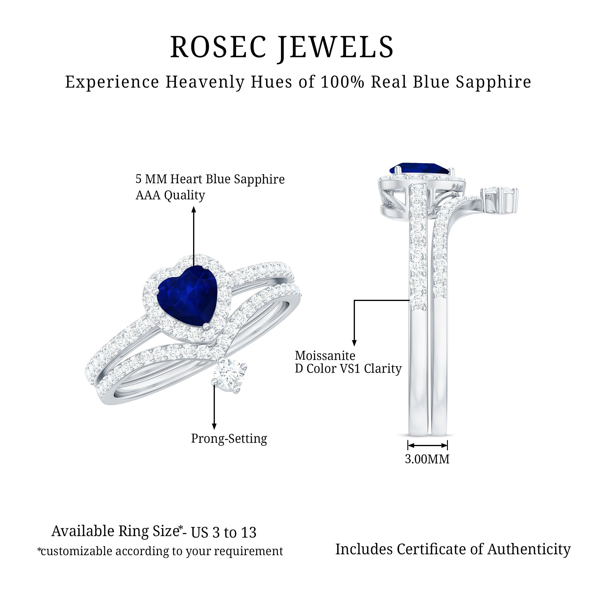 Heart Shape Blue Sapphire Ring Set with Moissanite