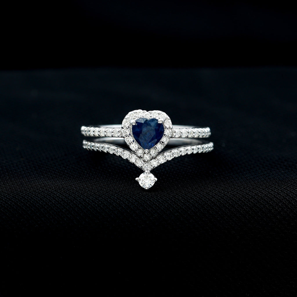 Heart Shape Blue Sapphire Ring Set with Moissanite
