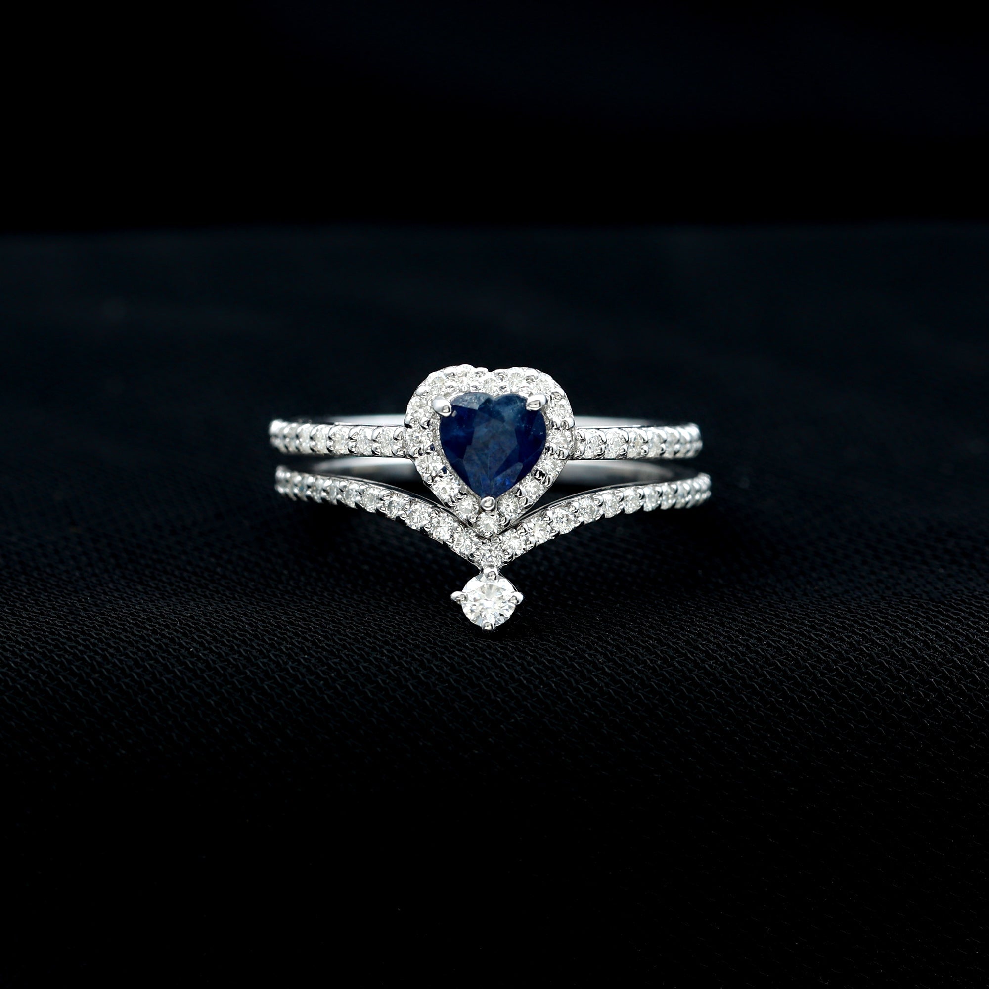 Heart Shape Blue Sapphire Ring Set with Moissanite