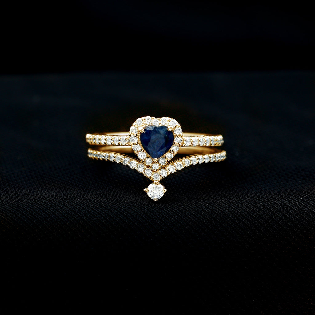 Heart Shape Blue Sapphire Ring Set with Moissanite