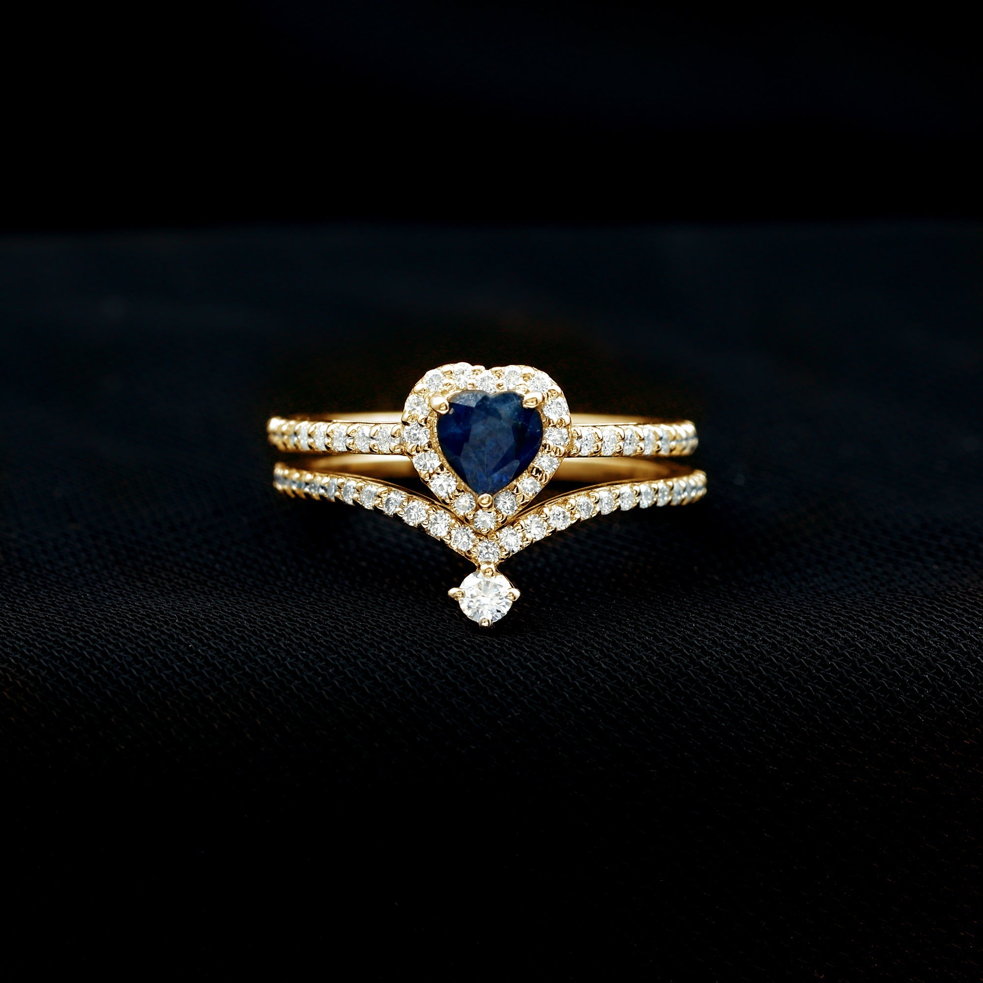 Heart Shape Blue Sapphire Ring Set with Moissanite