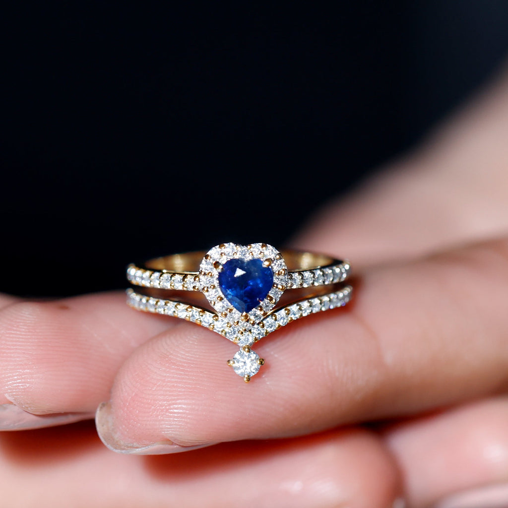 Heart Shape Blue Sapphire Ring Set with Moissanite
