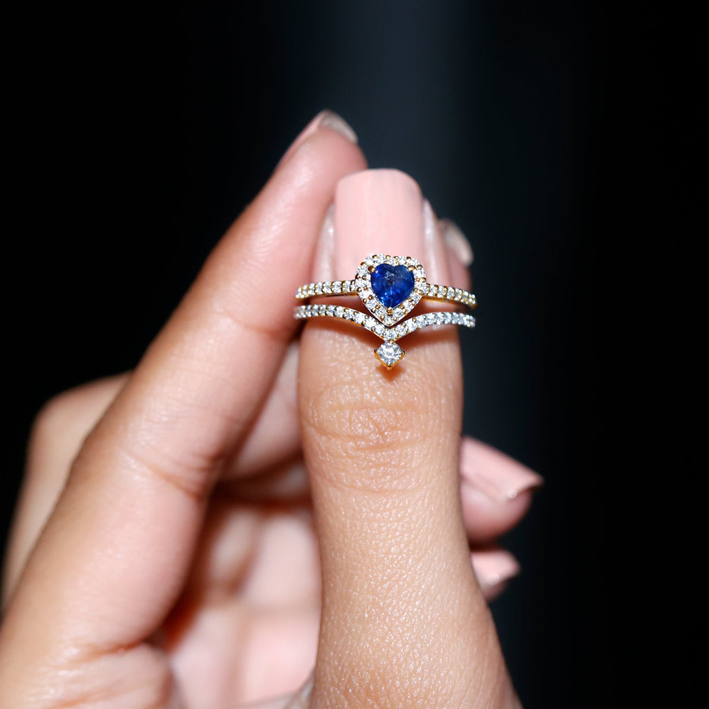 Heart Shape Blue Sapphire Ring Set with Moissanite