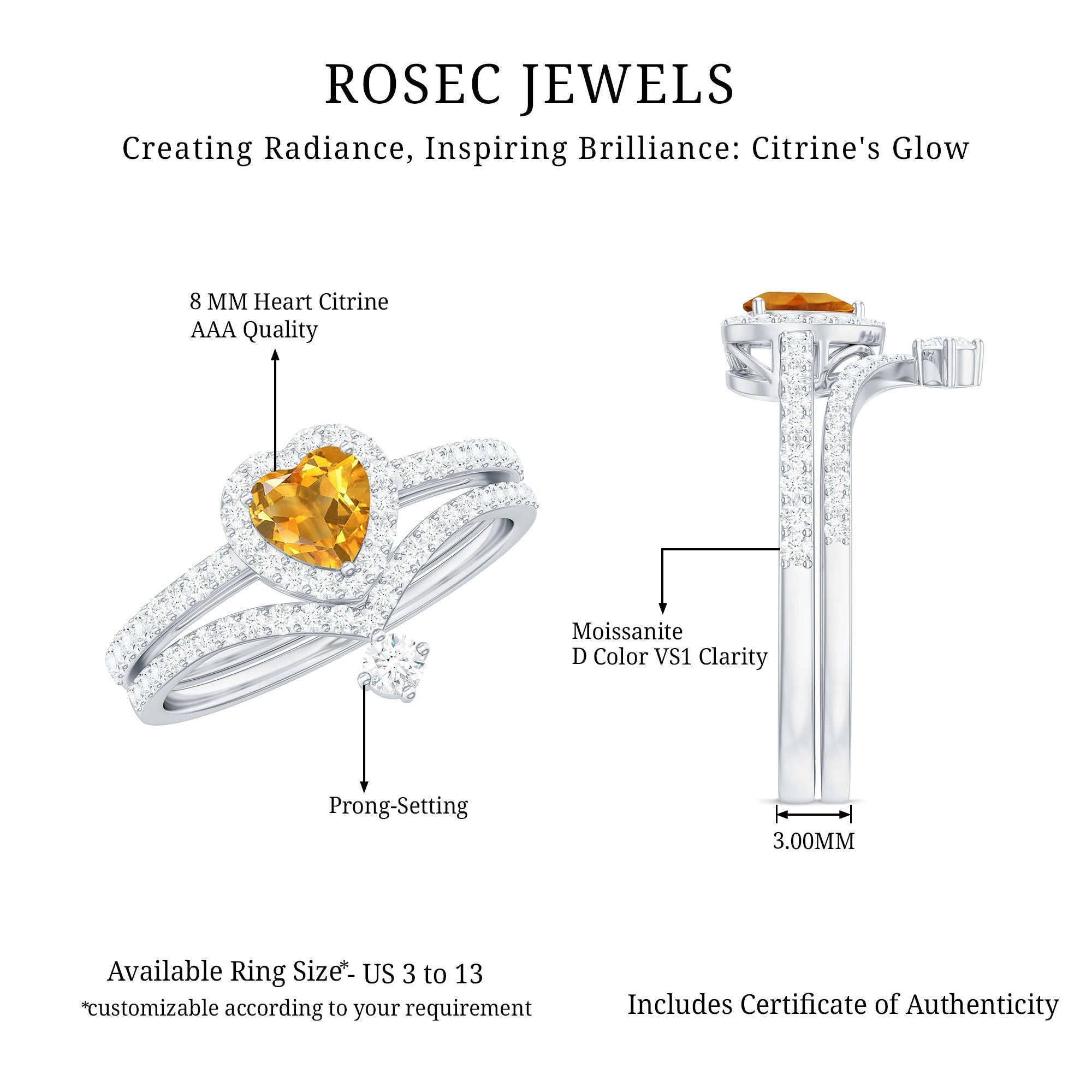 Certified Real Citrine Heart Shape Engagement Ring with Enhancer
