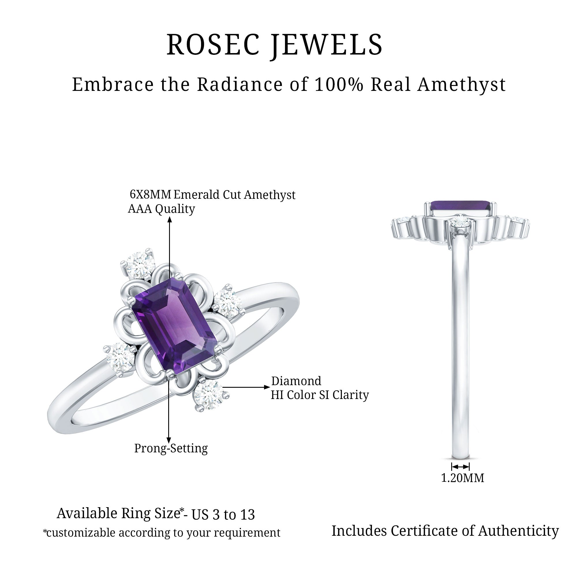 Vintage Inspired Amethyst Solitaire Ring with Diamond