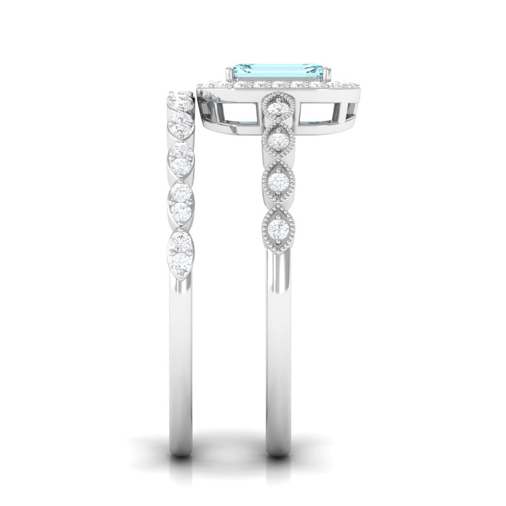 Octagon Cut Aquamarine and Diamond Designer Ring Set