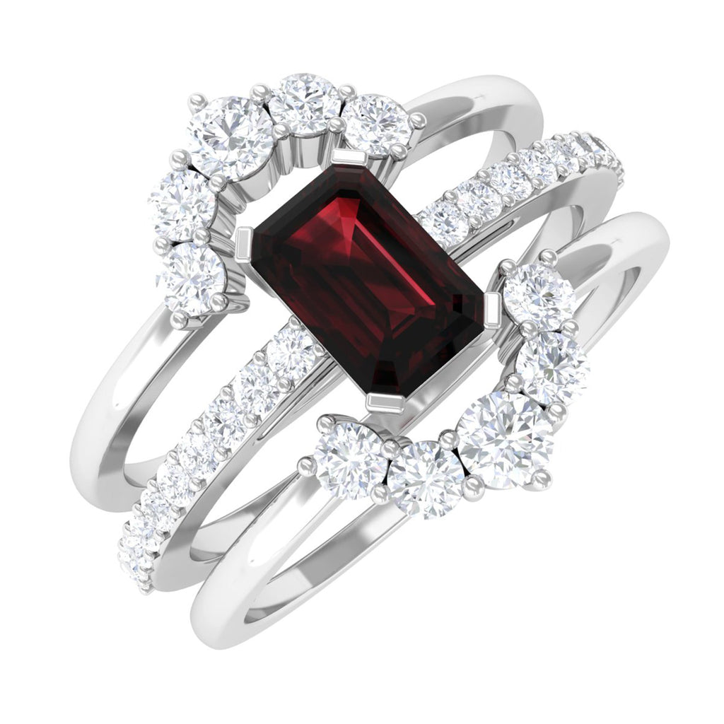 Natural Emerald Cut Garnet Diamond Trio Wedding Ring Set