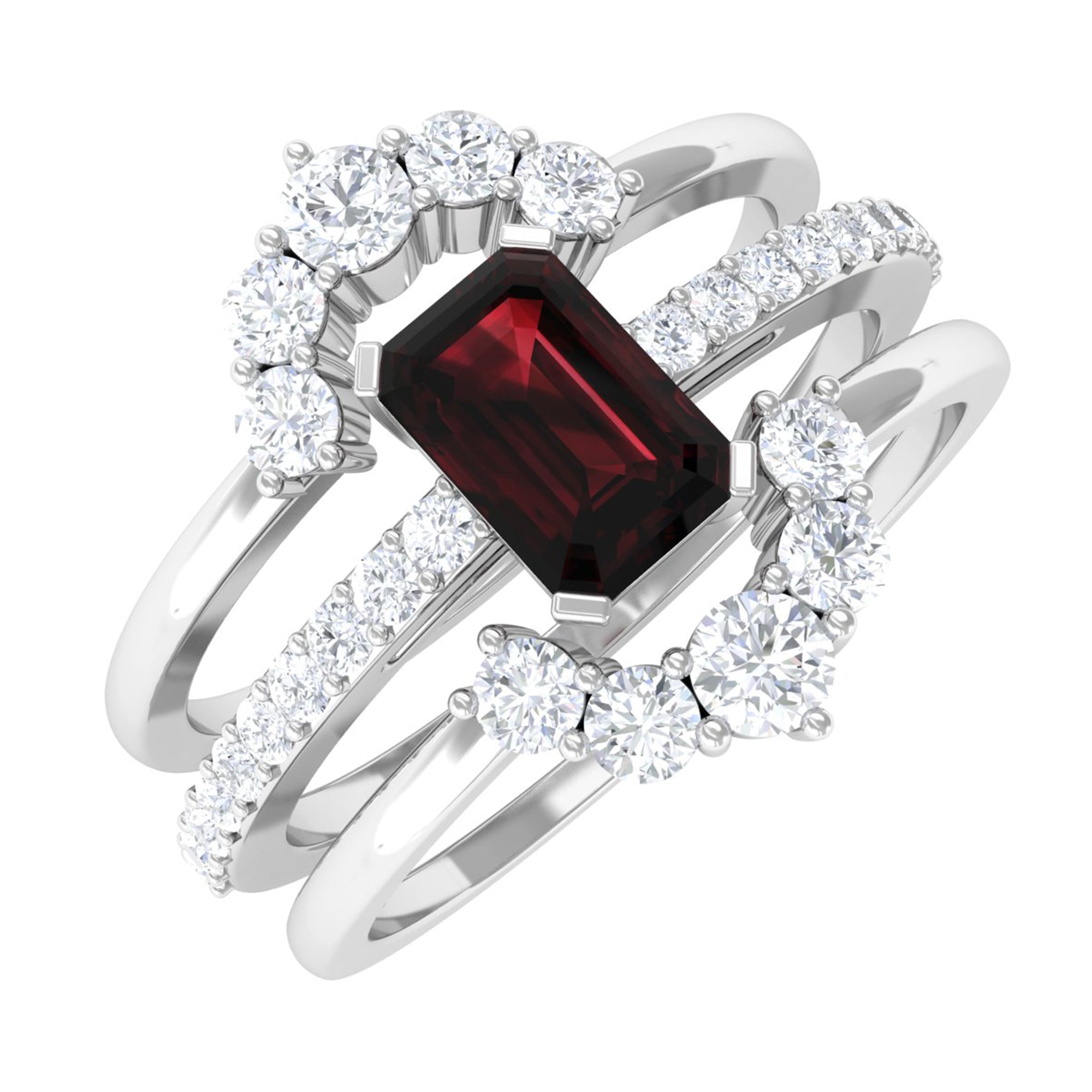 Natural Emerald Cut Garnet Diamond Trio Wedding Ring Set