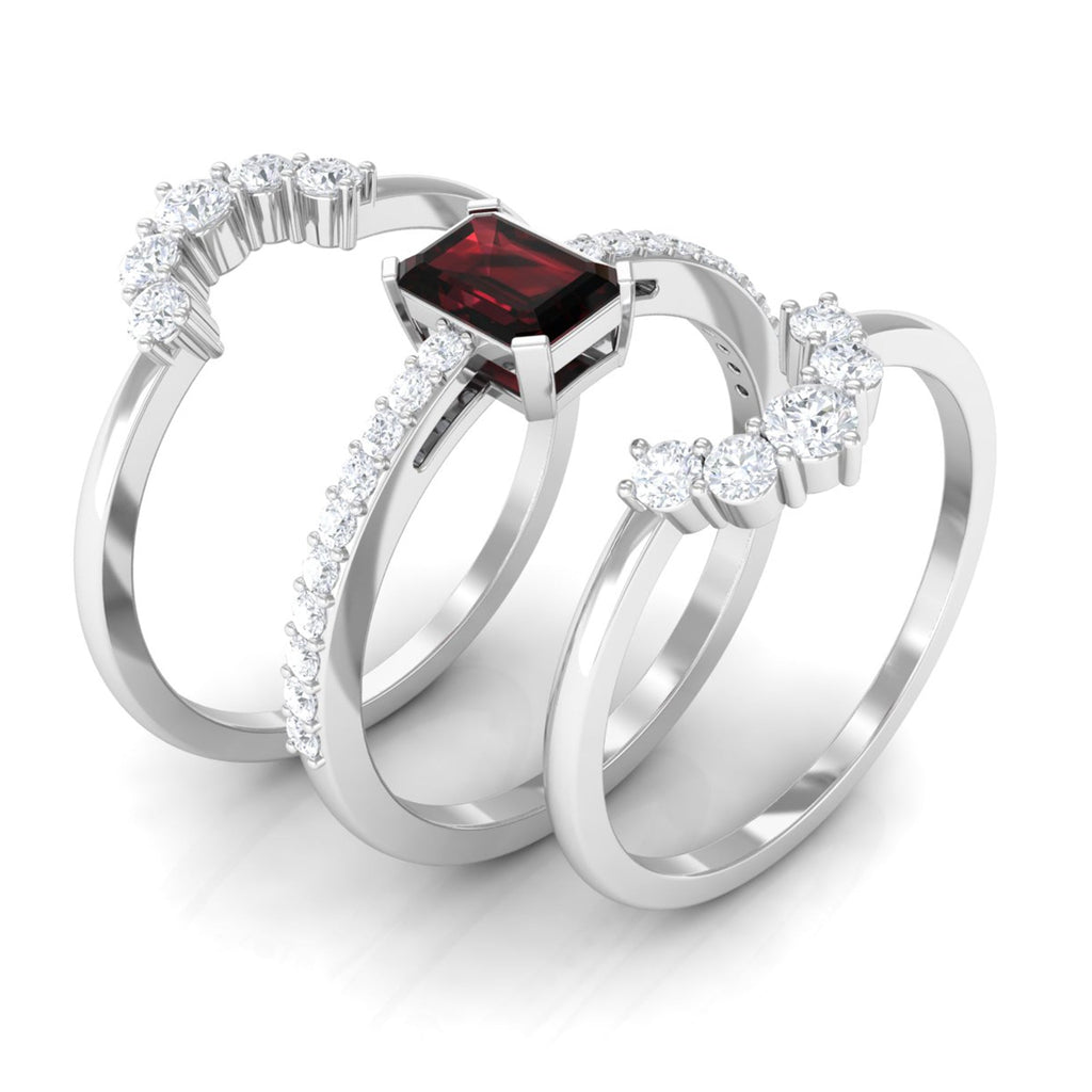 Natural Emerald Cut Garnet Diamond Trio Wedding Ring Set