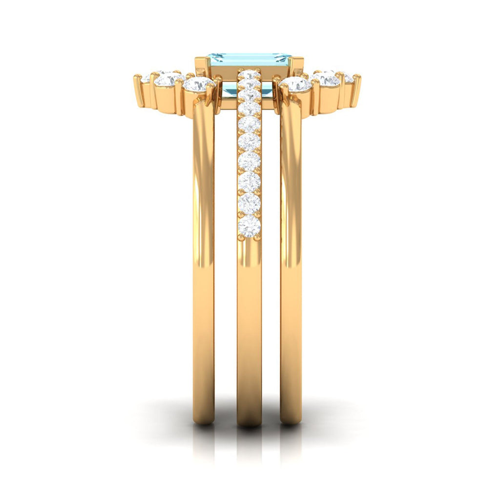 Aquamarine Solitaire Trio Ring Set with Diamond