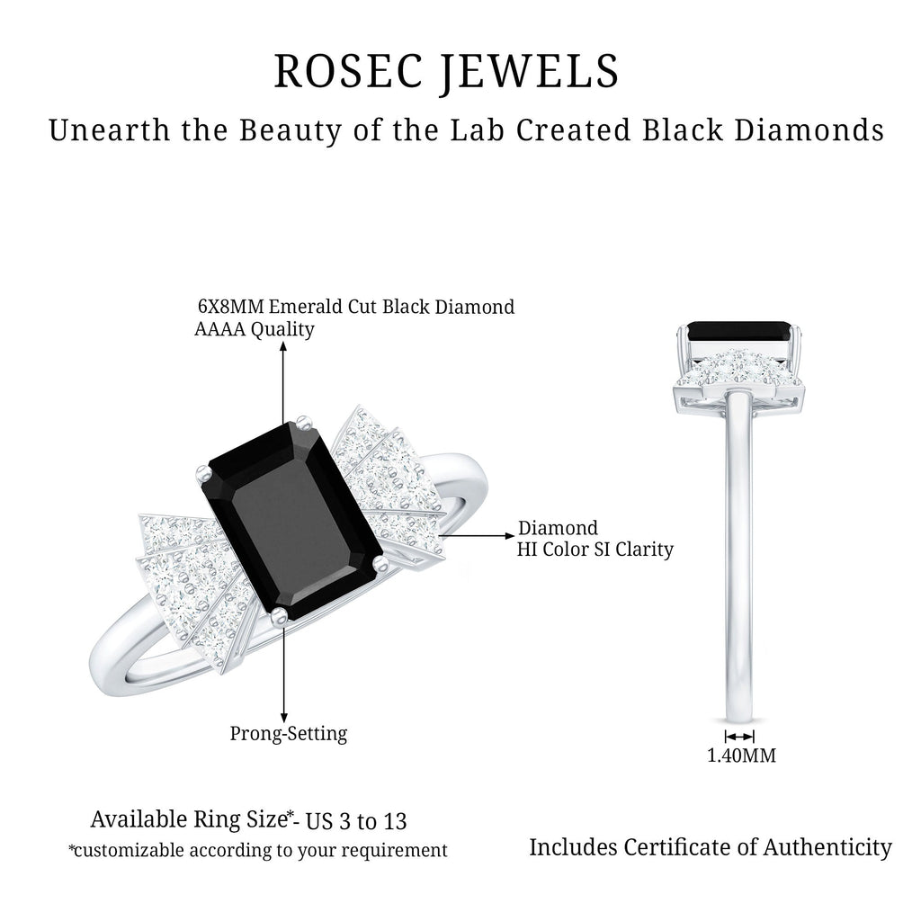 2 CT Octagon Cut Created Black Diamond and Diamond Solitaire Engagement Ring