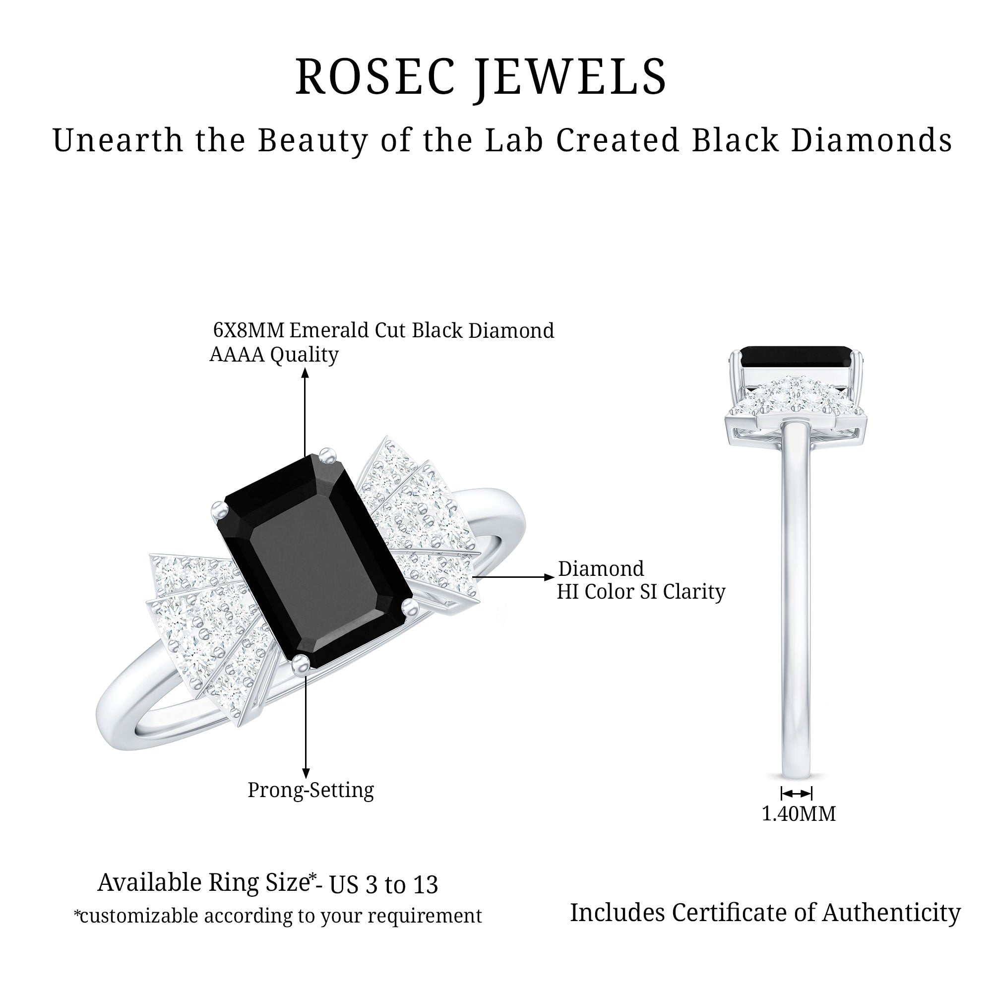 2 CT Octagon Cut Created Black Diamond and Diamond Solitaire Engagement Ring