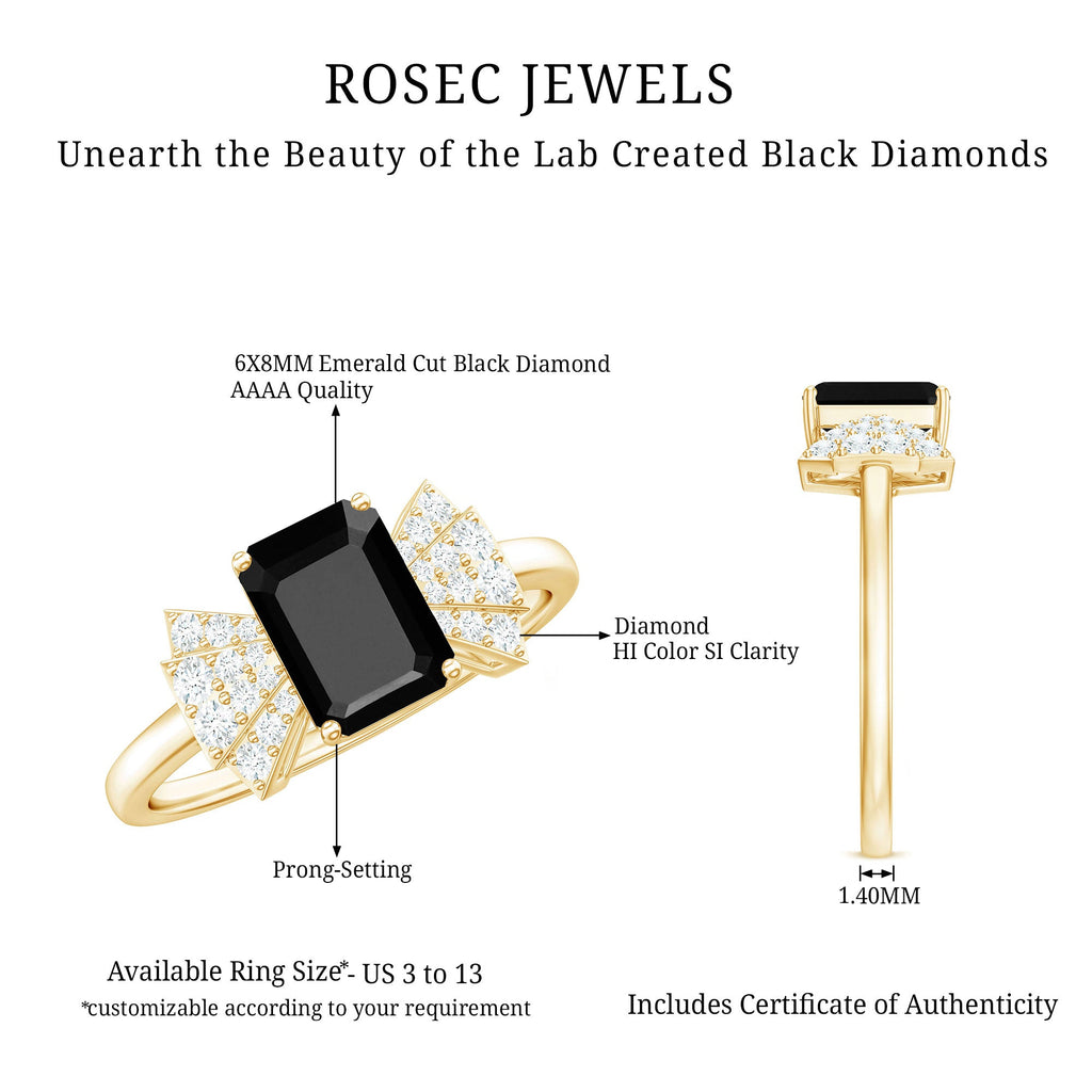 2 CT Octagon Cut Created Black Diamond and Diamond Solitaire Engagement Ring