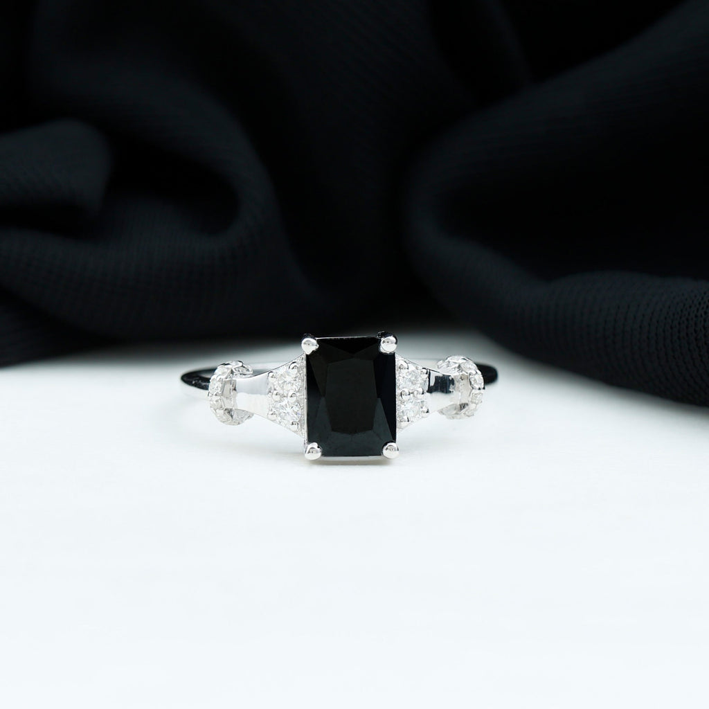 Emerald Cut Black Onyx Engagement Ring with Moissanite