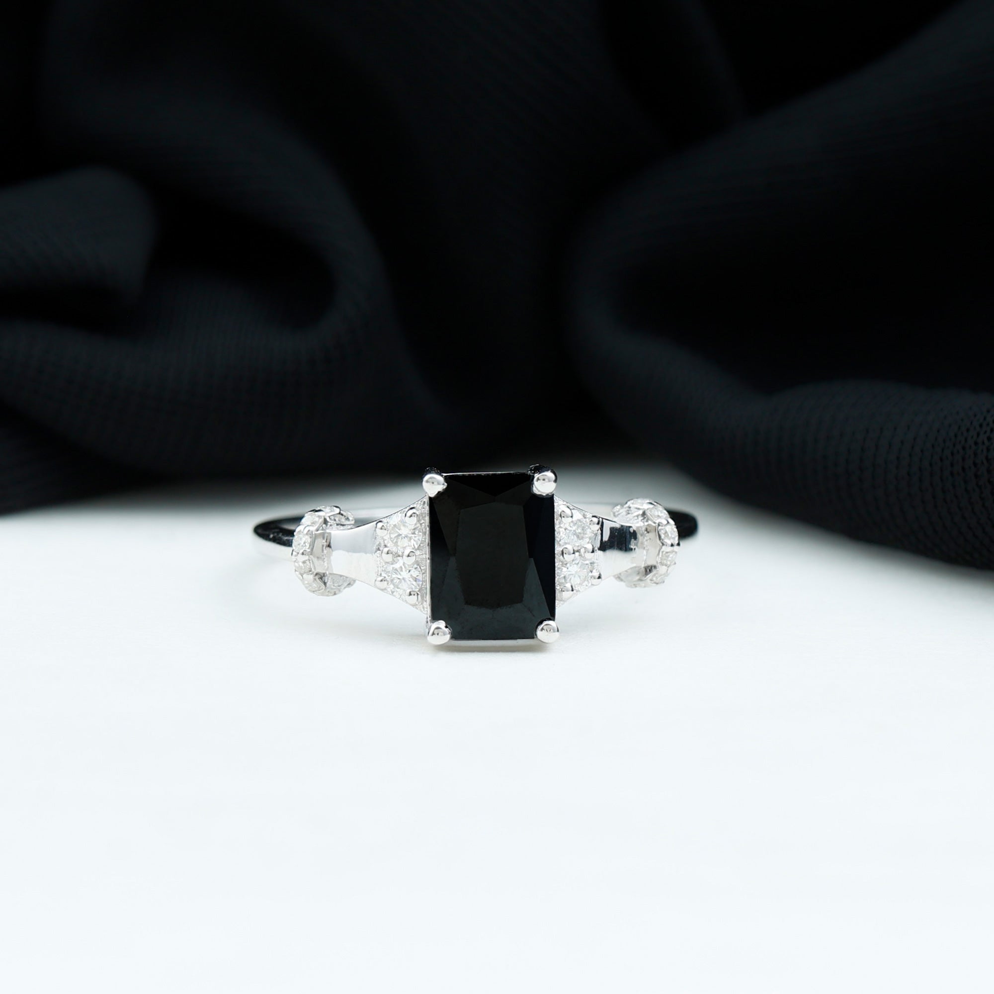 Emerald Cut Black Onyx Engagement Ring with Moissanite