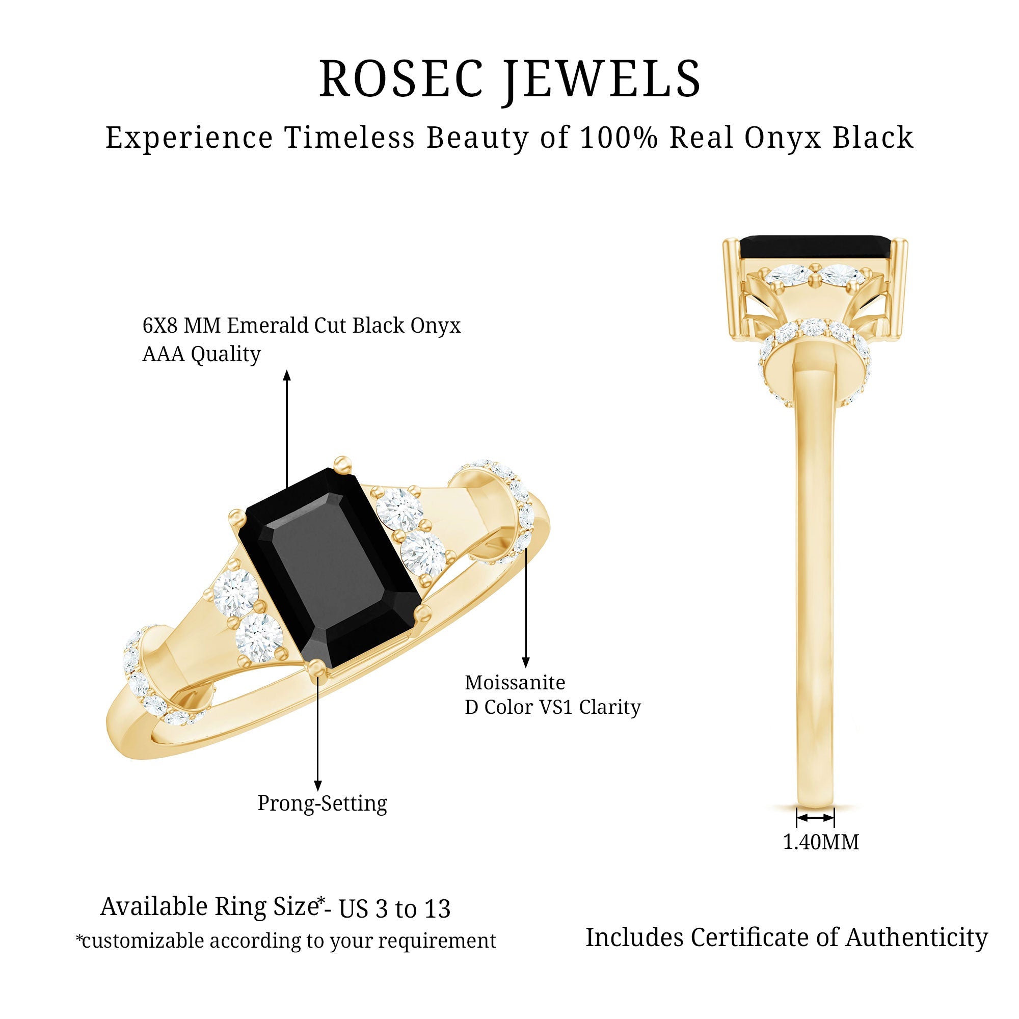Emerald Cut Black Onyx Engagement Ring with Moissanite