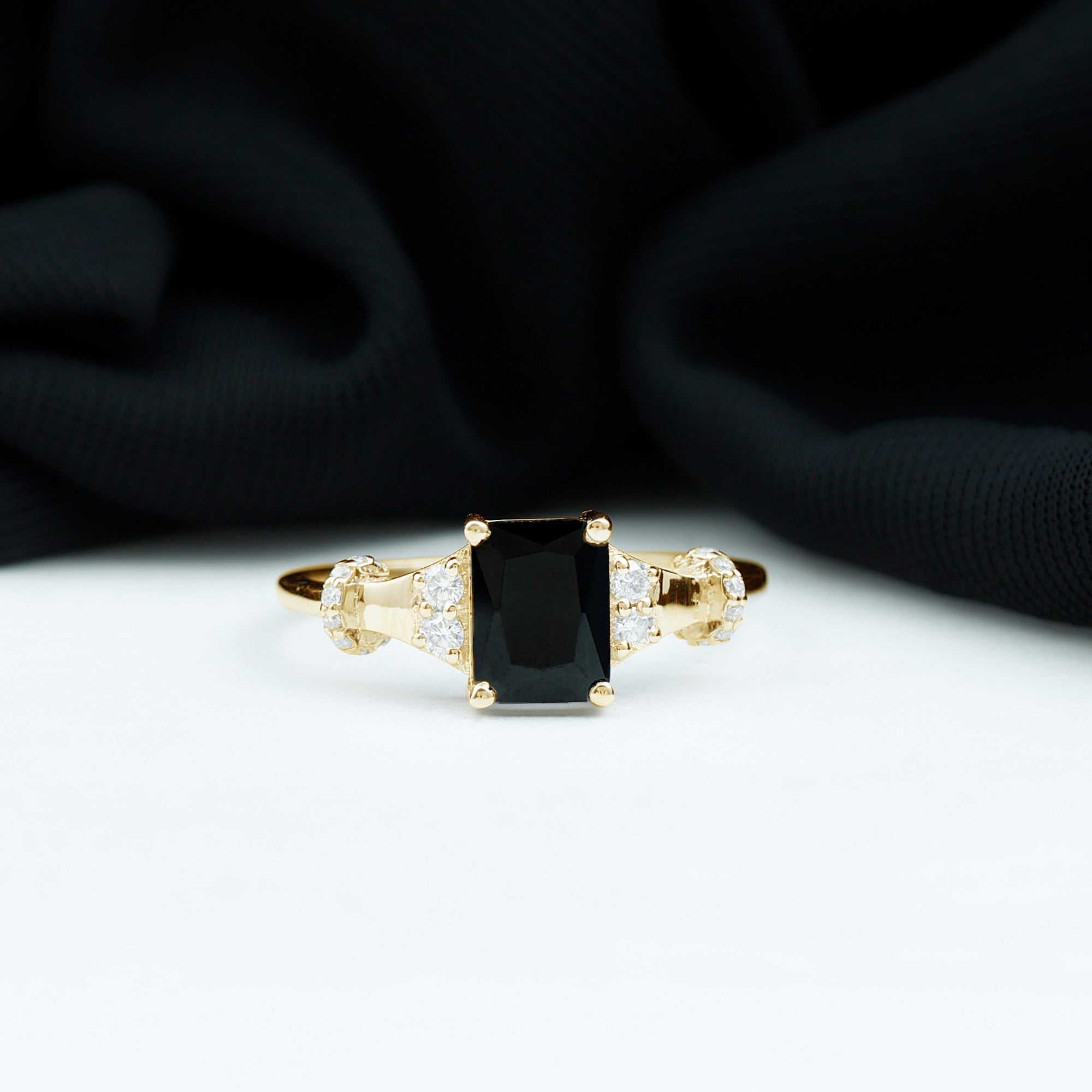 Emerald Cut Black Onyx Engagement Ring with Moissanite
