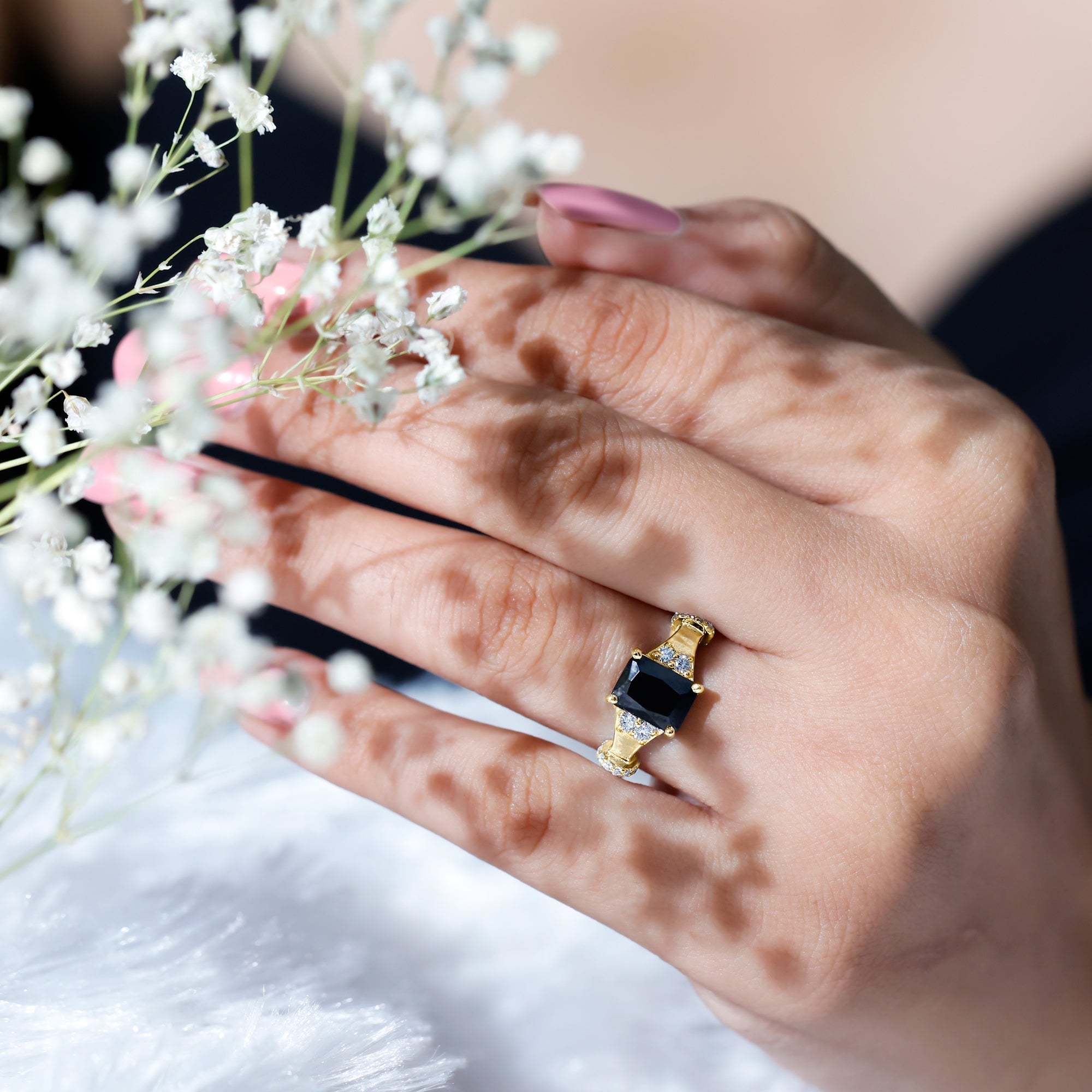 Emerald Cut Black Onyx Engagement Ring with Moissanite