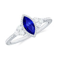 Vintage Style 0.7 Carat Lab Grown Blue Sapphire Marquise Engagement Ring with Diamond Trio