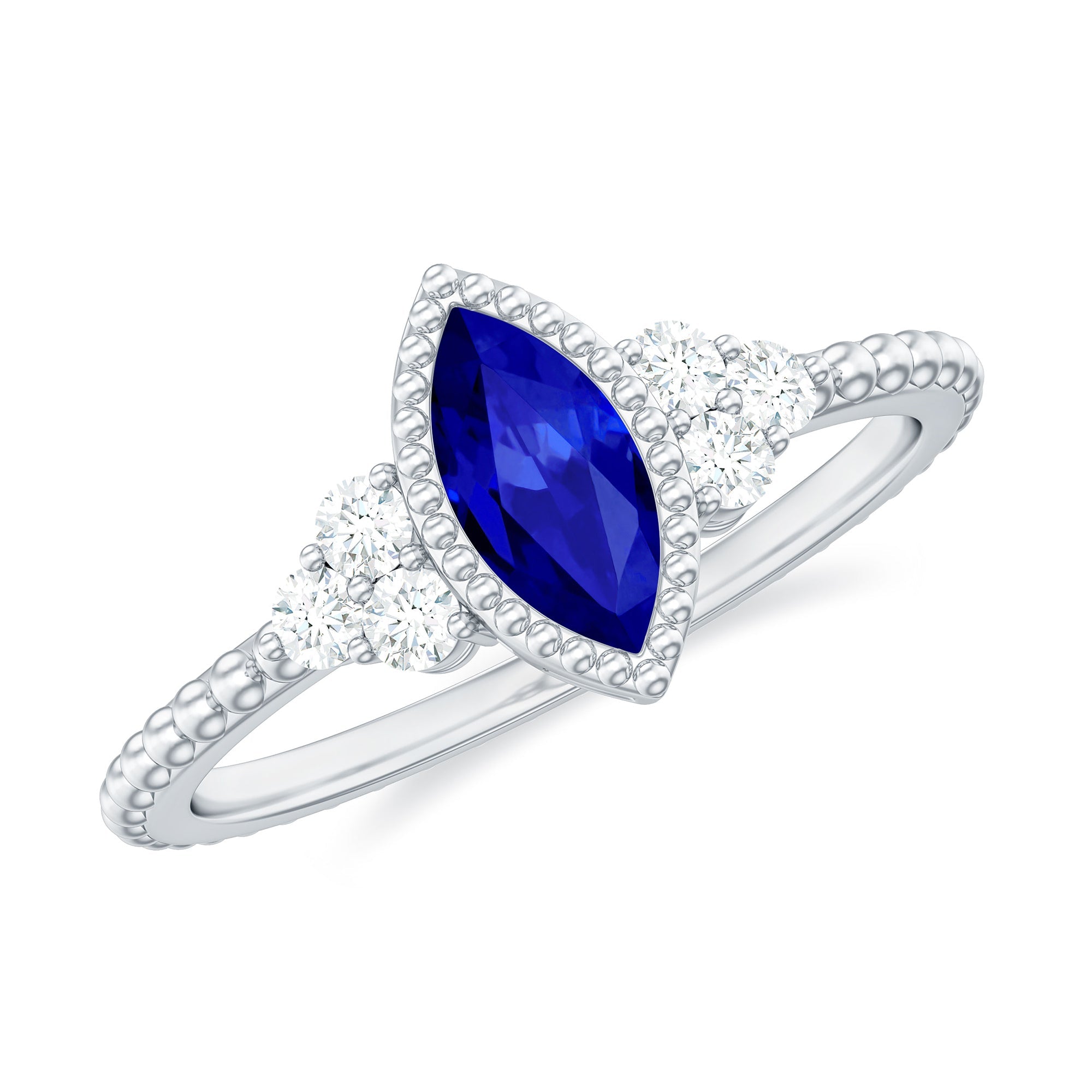 Vintage Style 0.7 Carat Lab Grown Blue Sapphire Marquise Engagement Ring with Diamond Trio