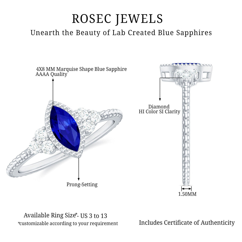Vintage Style 0.7 Carat Lab Grown Blue Sapphire Marquise Engagement Ring with Diamond Trio