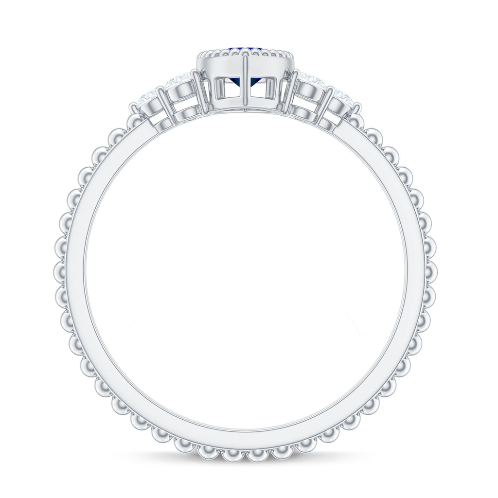 Vintage Style 0.7 Carat Lab Grown Blue Sapphire Marquise Engagement Ring with Diamond Trio