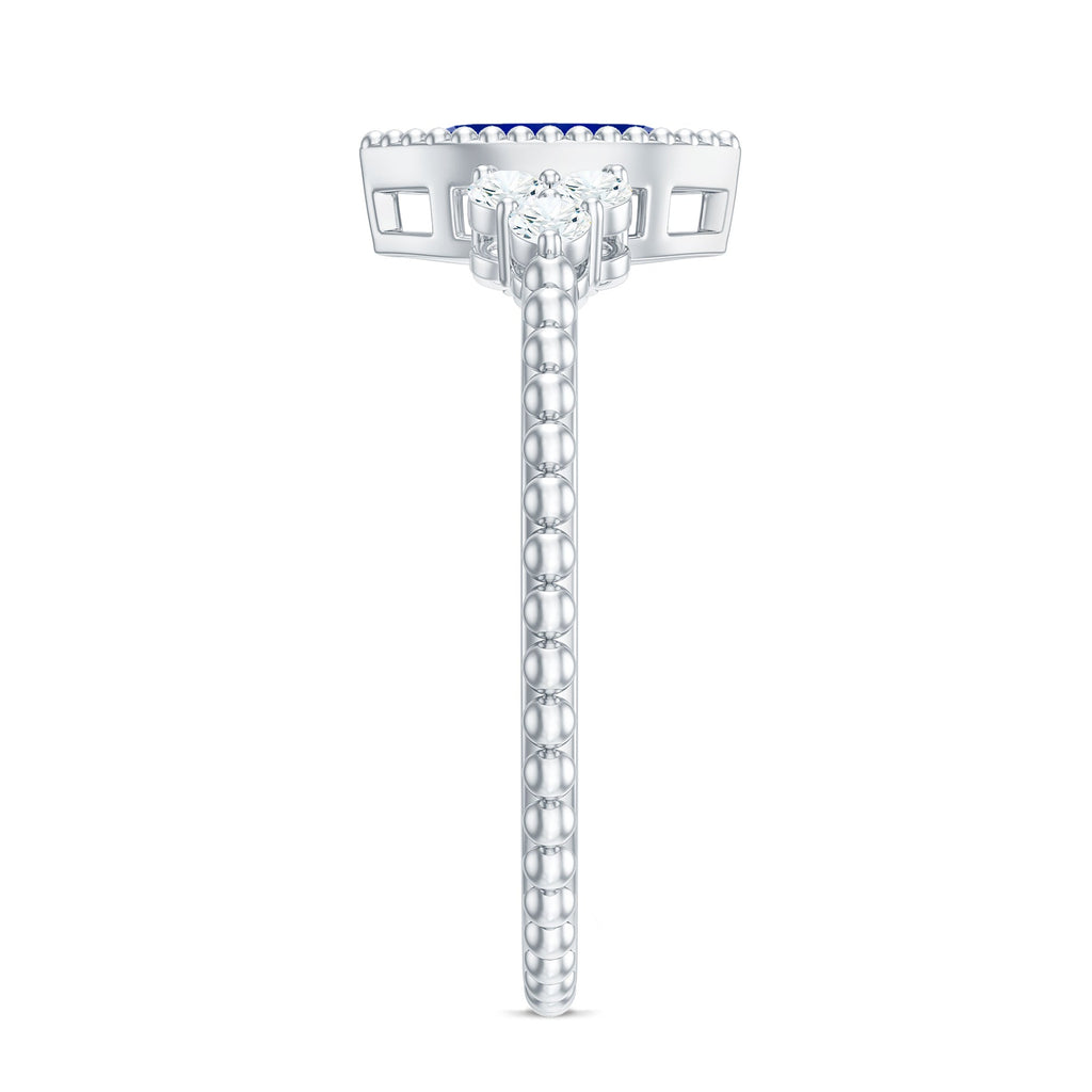 Vintage Style 0.7 Carat Lab Grown Blue Sapphire Marquise Engagement Ring with Diamond Trio