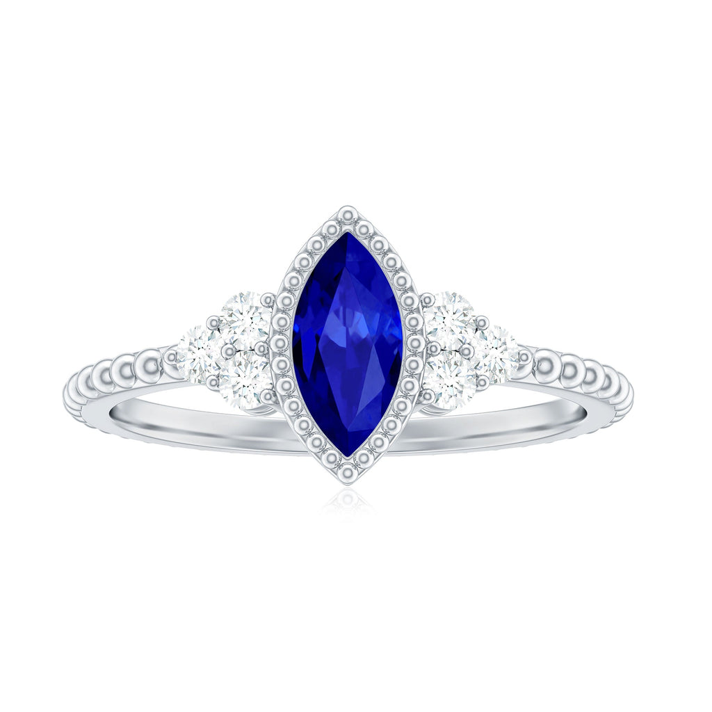 Vintage Style 0.7 Carat Lab Grown Blue Sapphire Marquise Engagement Ring with Diamond Trio