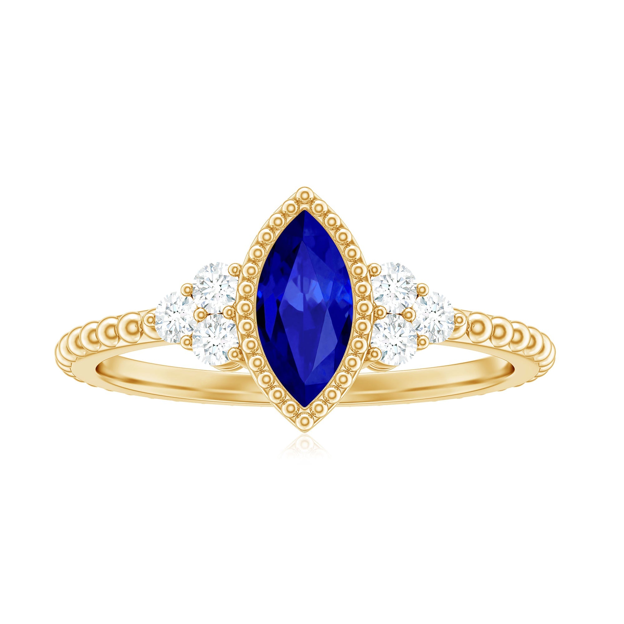 Vintage Style 0.7 Carat Lab Grown Blue Sapphire Marquise Engagement Ring with Diamond Trio