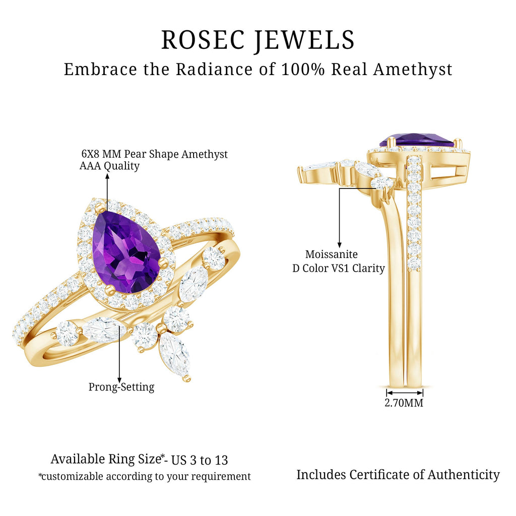 Pear Cut Amethyst Designer Bridal Ring Set with Moissanite