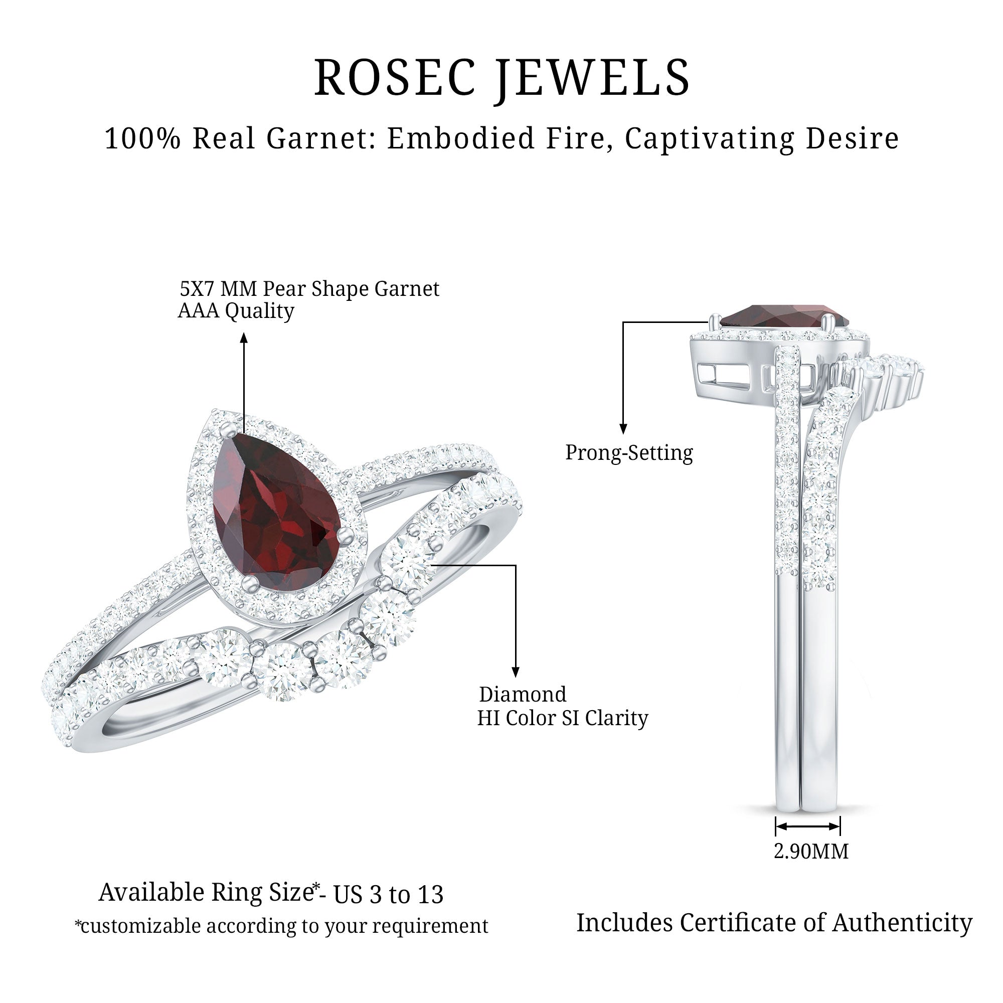 Natural 5X7mm Pear Shape Garnet Diamond Wedding Engagement Ring Set