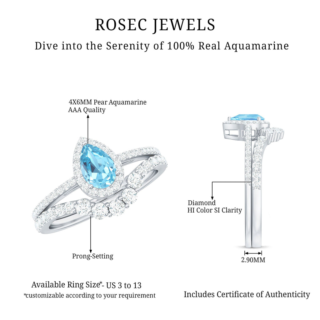 Aquamarine Designer Teardrop Ring Set with Diamond Halo