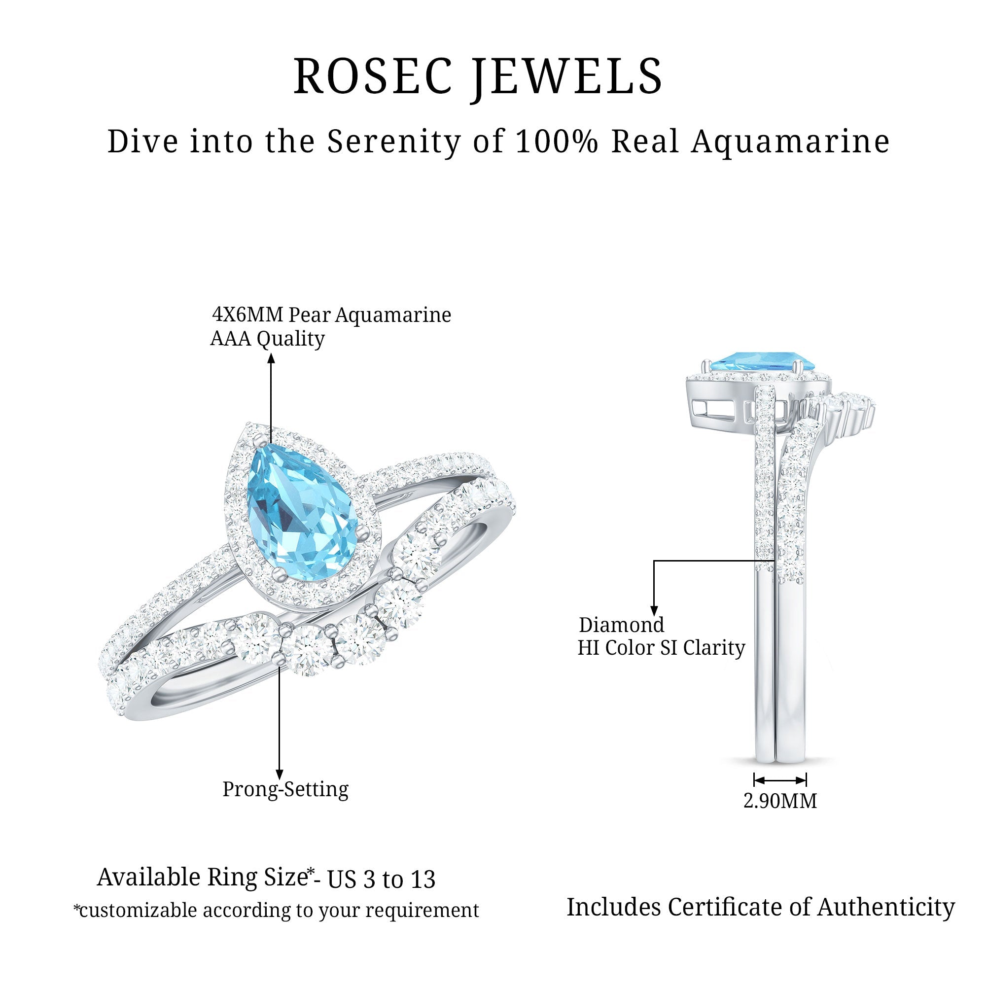 Aquamarine Designer Teardrop Ring Set with Diamond Halo