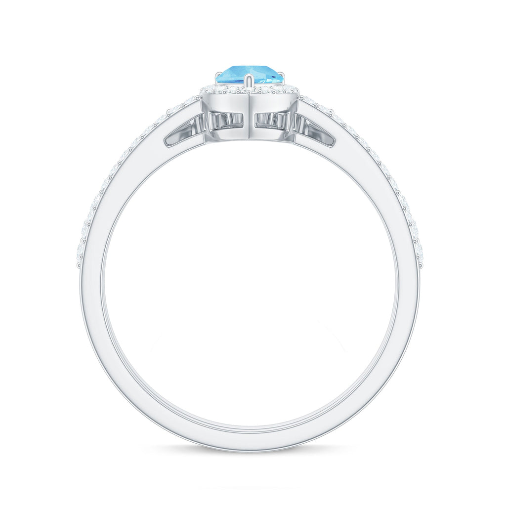 Aquamarine Designer Teardrop Ring Set with Diamond Halo