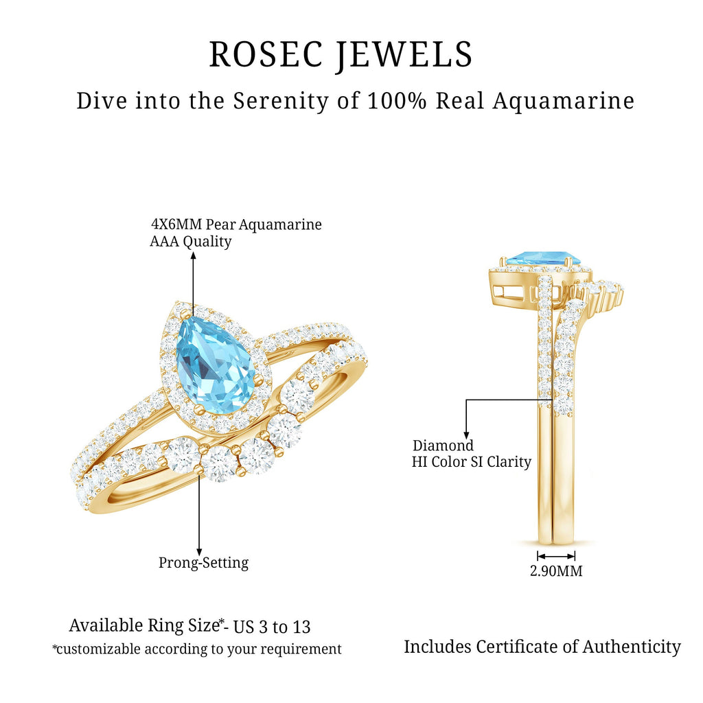 Aquamarine Designer Teardrop Ring Set with Diamond Halo