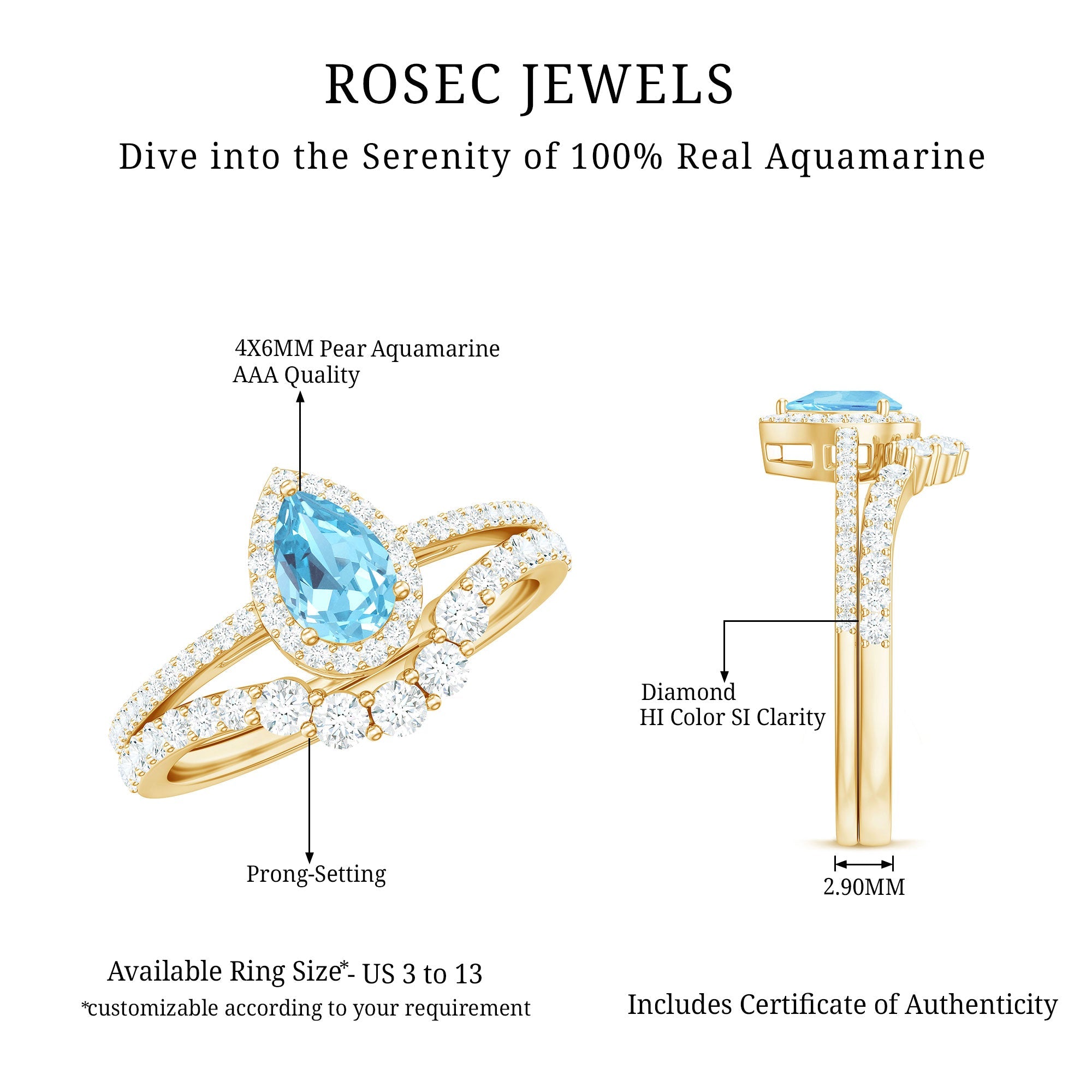 Aquamarine Designer Teardrop Ring Set with Diamond Halo