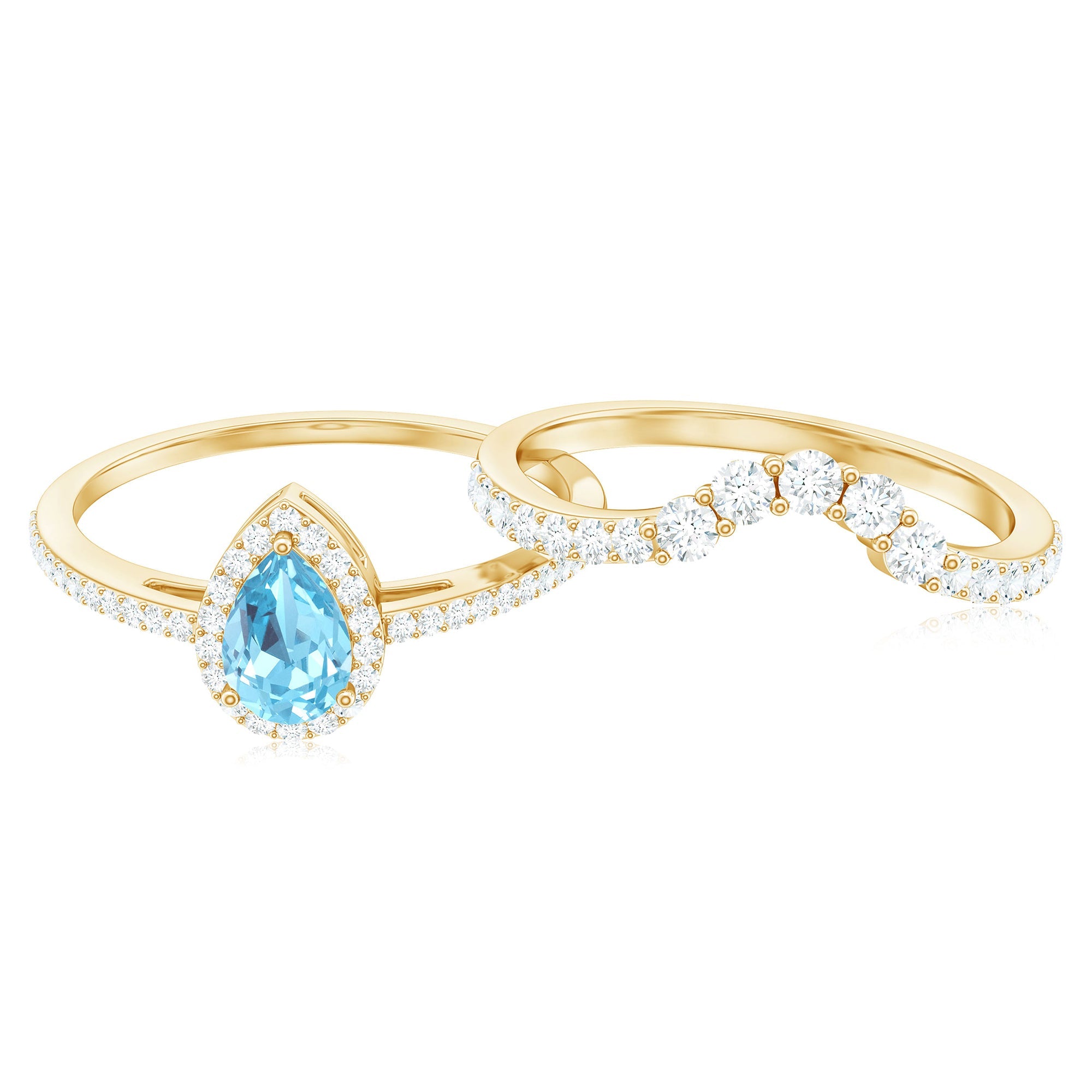 Aquamarine Designer Teardrop Ring Set with Diamond Halo