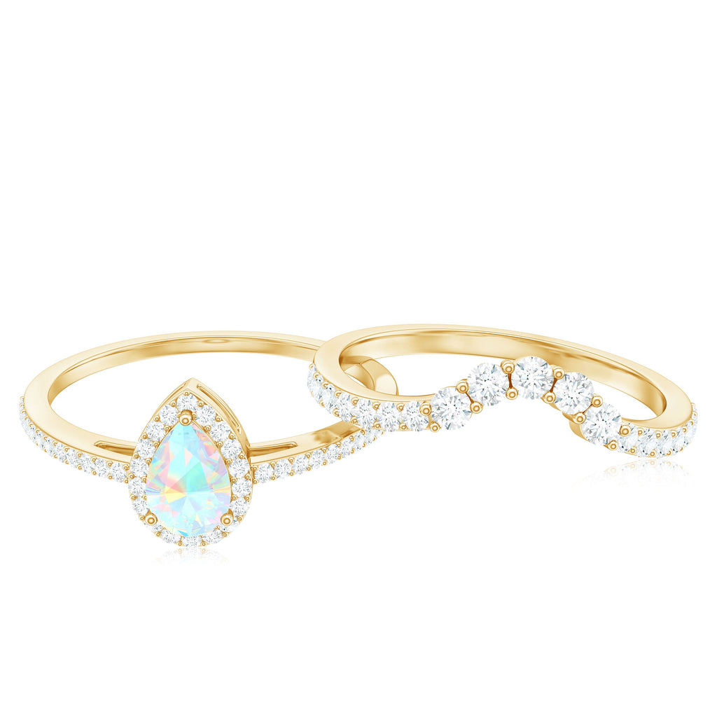 Certified Natural Ethiopian Opal Teardrop Wedding Engagement Ring Set of 2