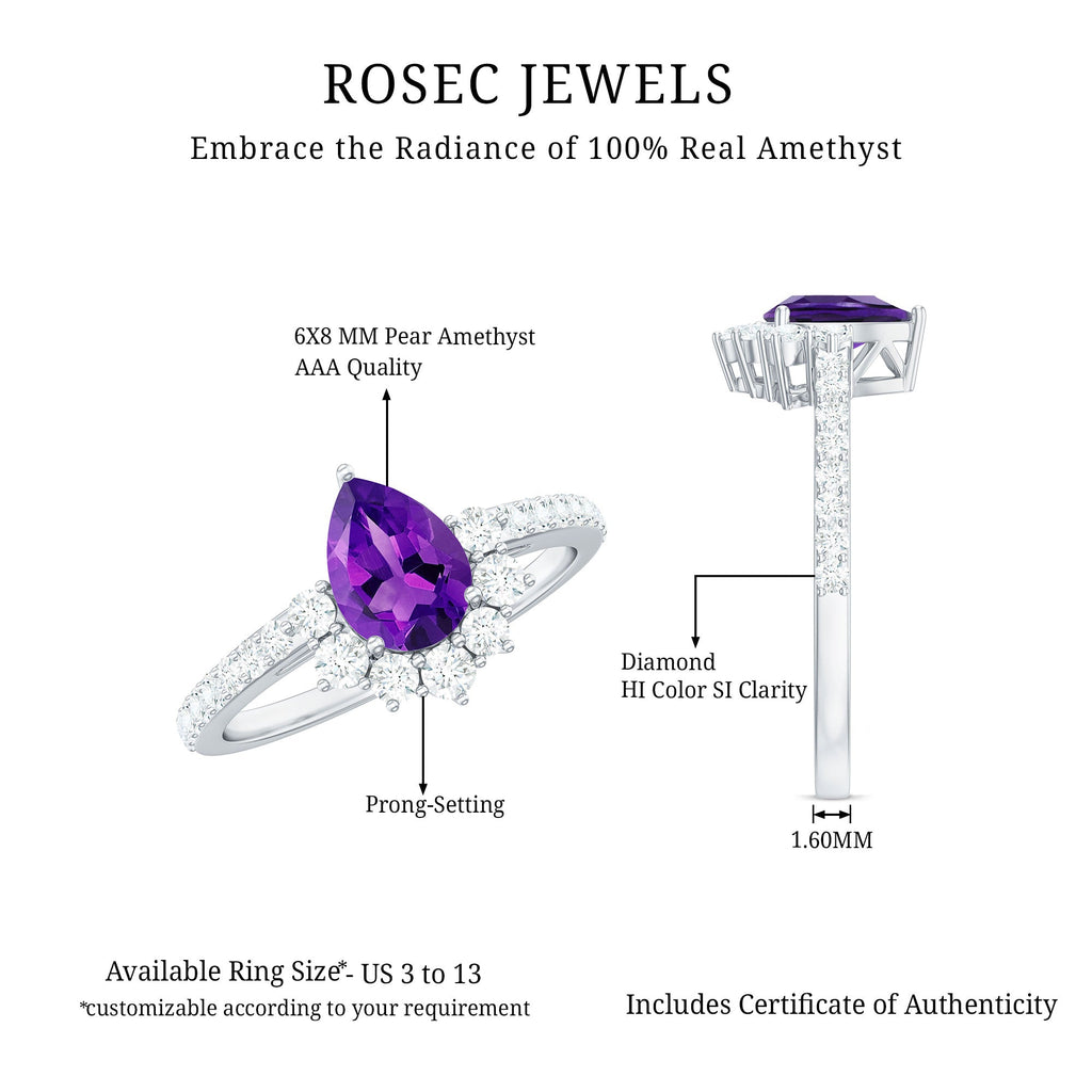 Amethyst Teardrop Engagement Ring with Diamond Half Halo