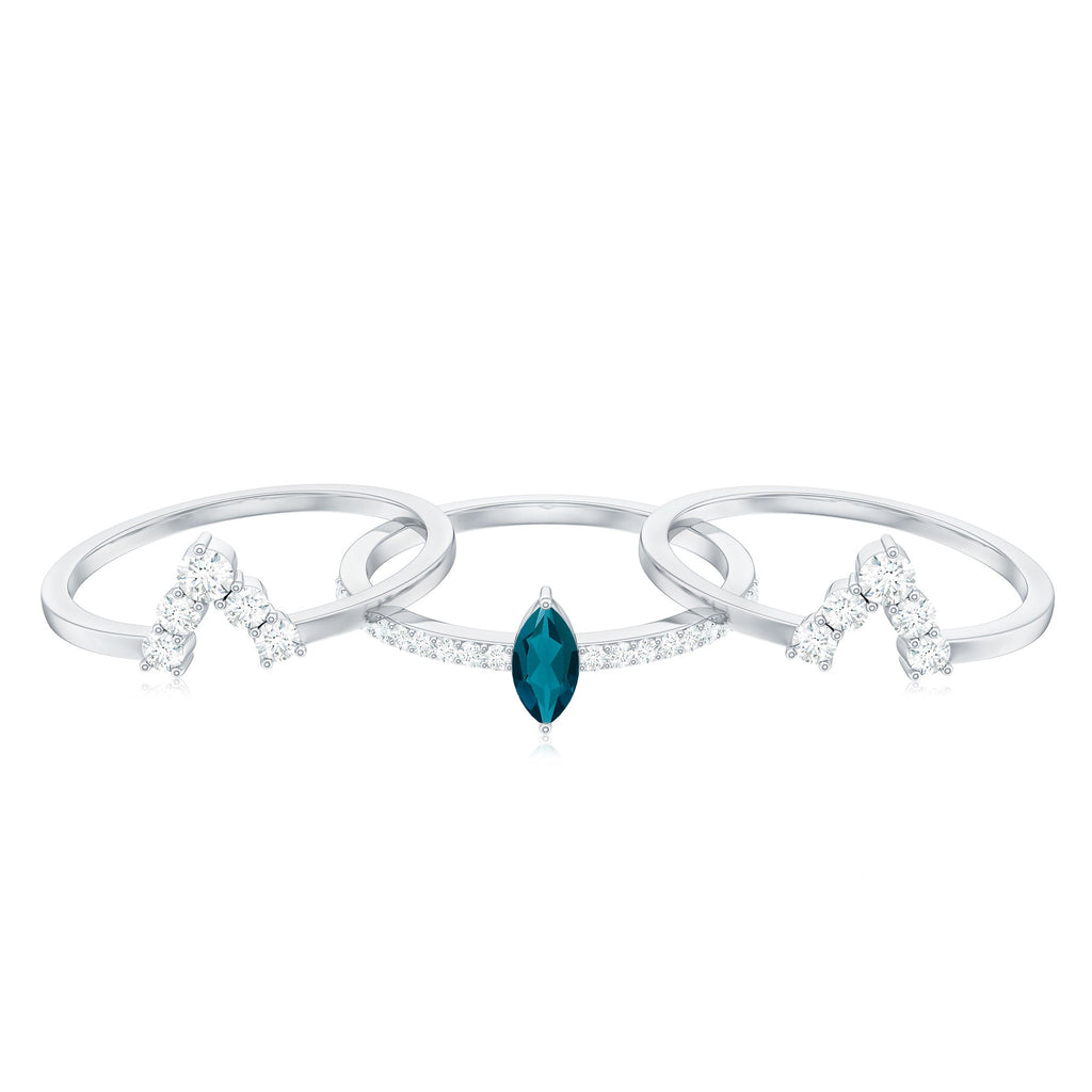 Marquise London Blue Topaz Bridal Ring Set with 2 Diamond Ring Guards