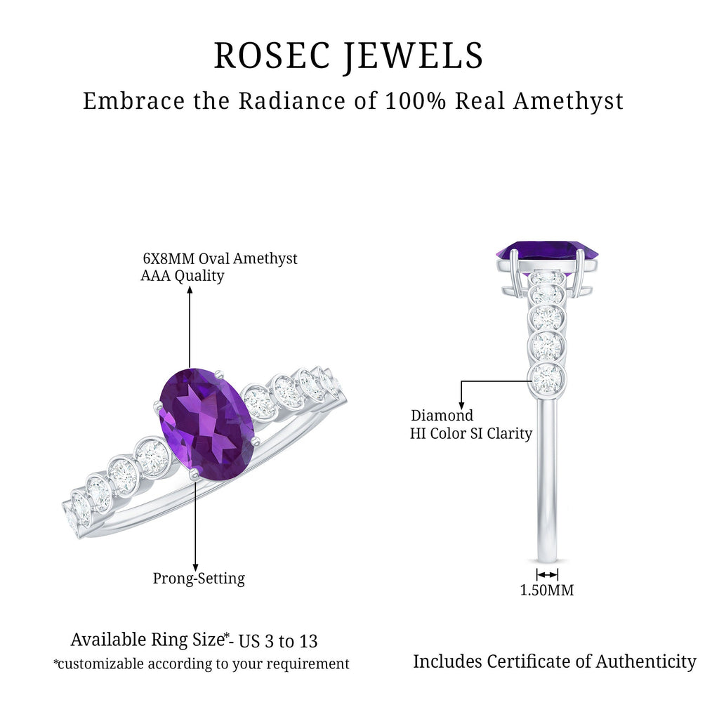 Real Oval Amethyst Solitaire Engagement Ring with Diamond