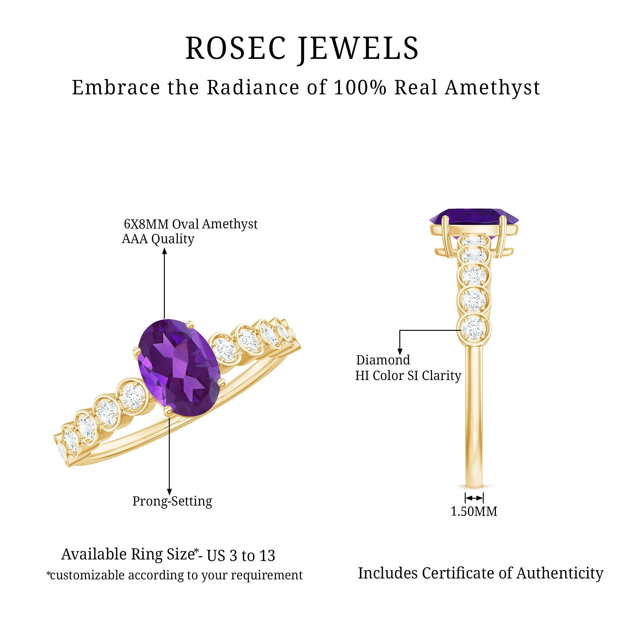 Real Oval Amethyst Solitaire Engagement Ring with Diamond