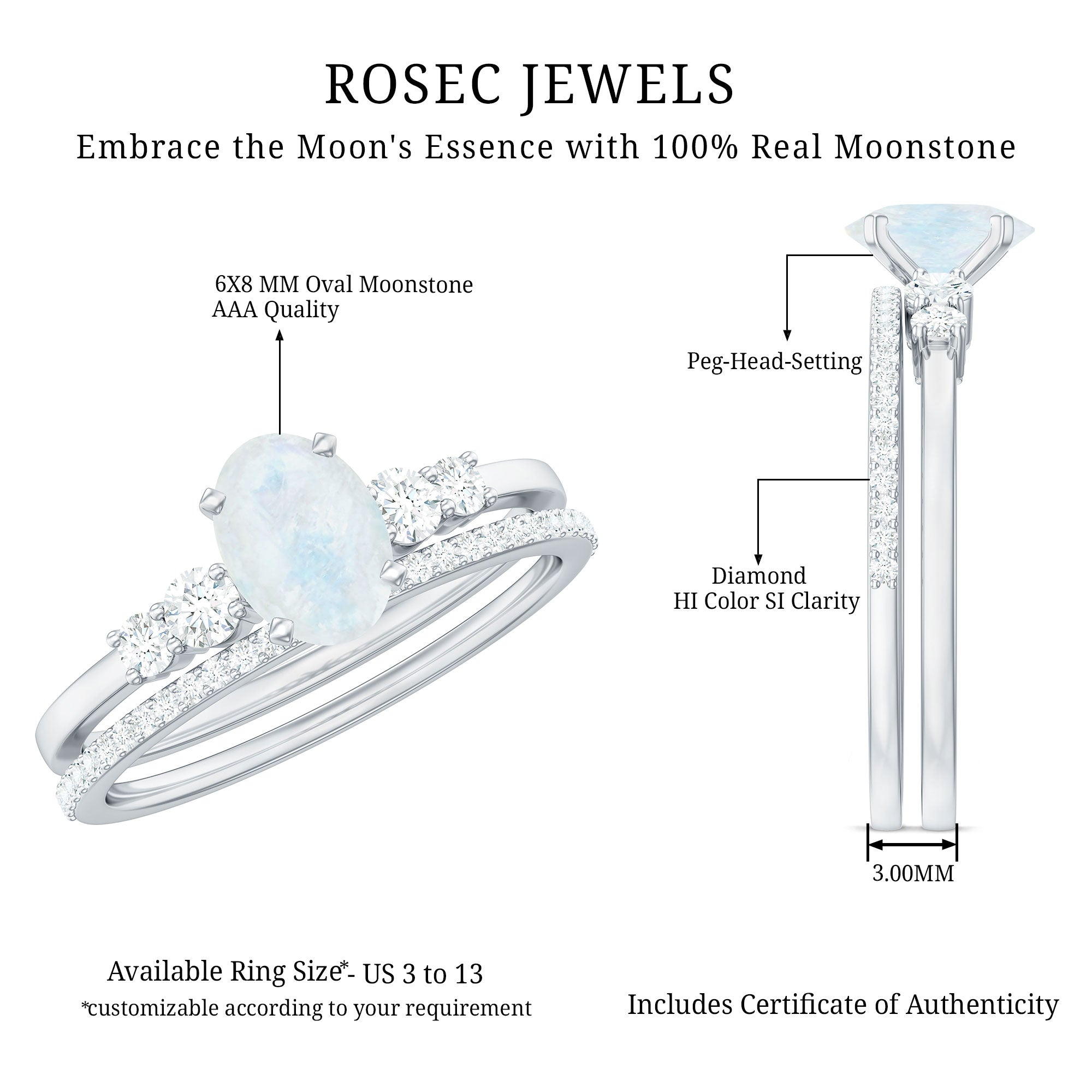 Oval Moonstone Solitaire Ring Set with Diamond