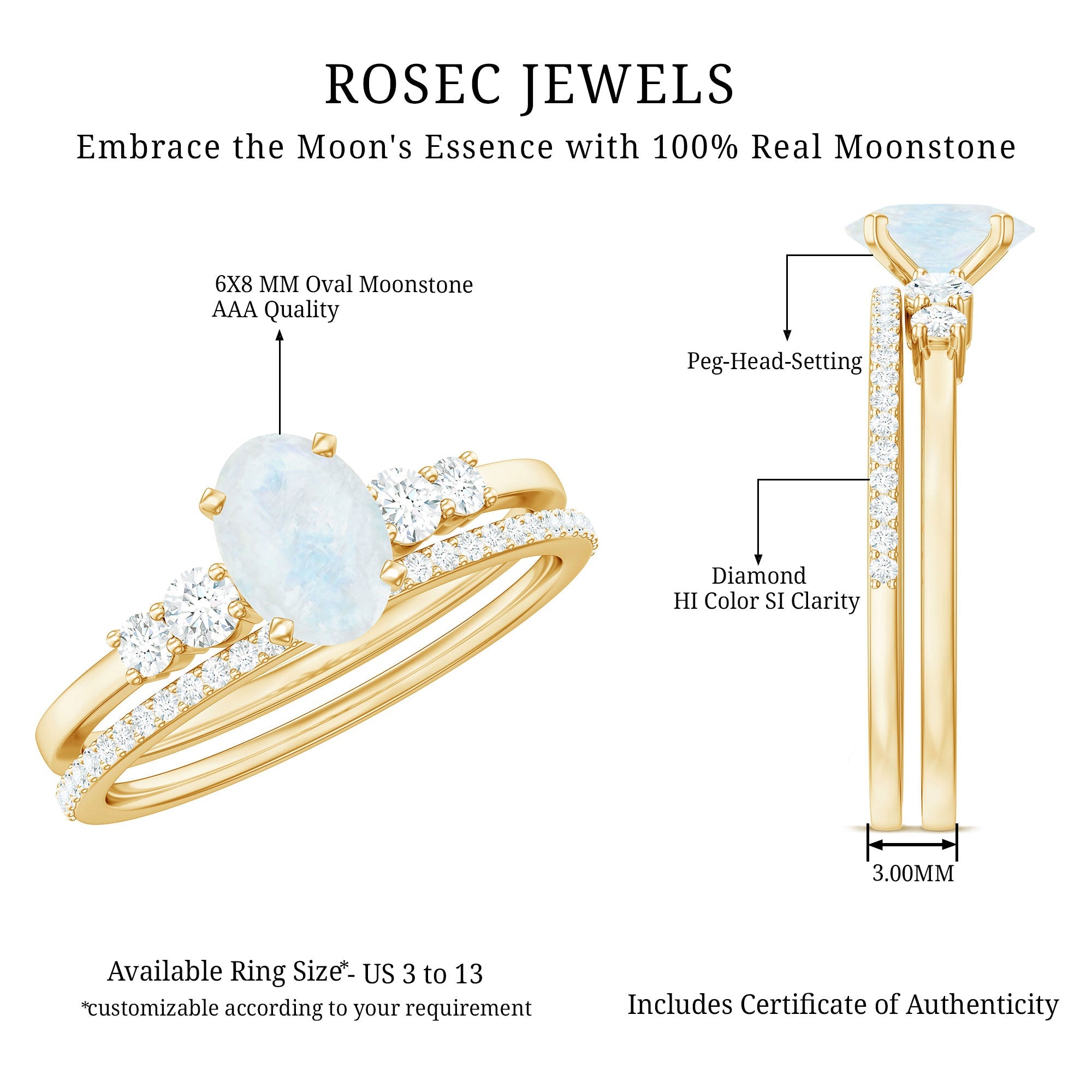 Oval Moonstone Solitaire Ring Set with Diamond