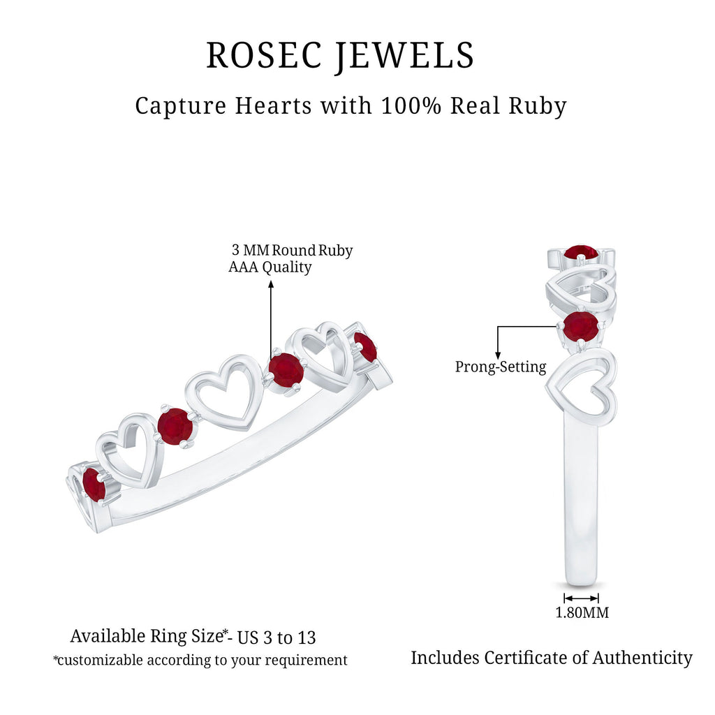 Round Shape Ruby Open Heart Half Eternity Ring