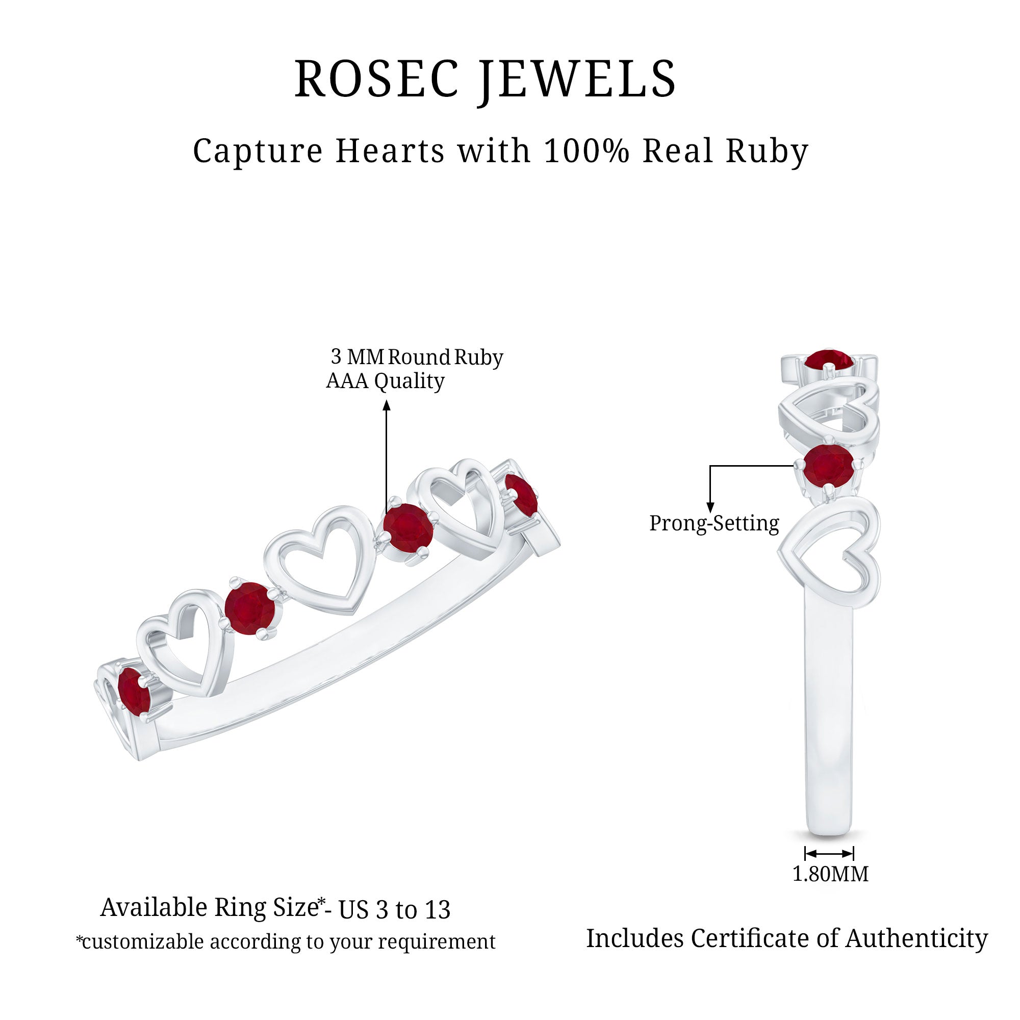 Round Shape Ruby Open Heart Half Eternity Ring